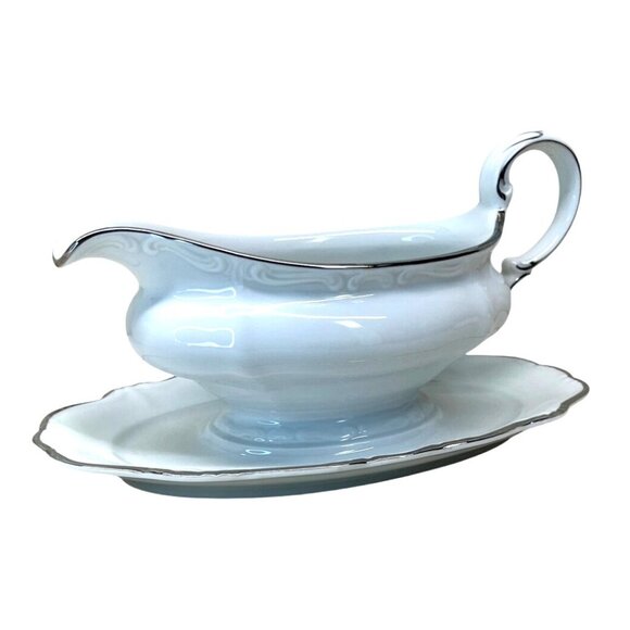 Johann Haviland Platinum Baroque White Gravy Boat with Attached Underplate - Picture 6 of 12